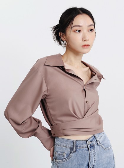 圍裹式造型長袖襯衫